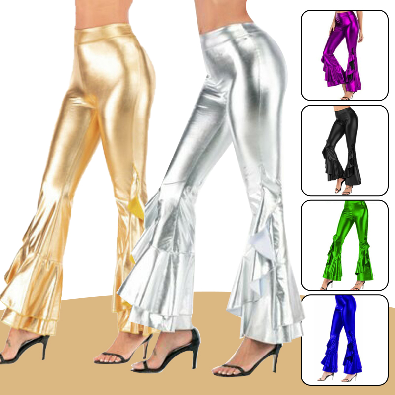 Women Shiny Flare Trousers Met - Wide Leg Trouser 70S 评论和价格
