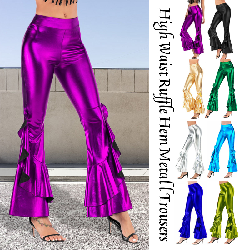 Women Shiny Flare Trousers Las - Wide Leg Trouser 70S 评论和价格